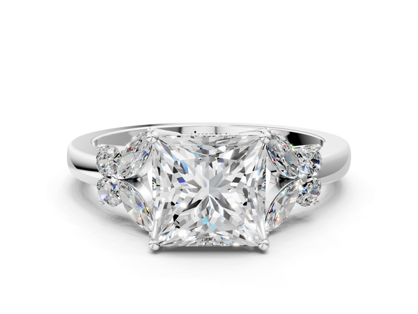 White gold Princess Cut Solitaire Floral Diamond Ring with Four-Prong Setting