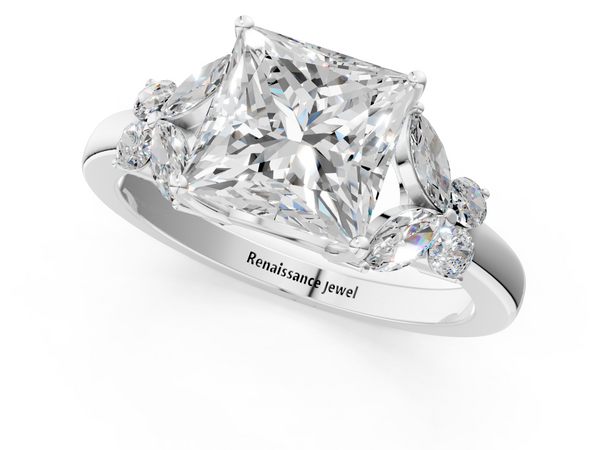 White gold Princess Cut Solitaire Floral Diamond Ring with Four-Prong Setting