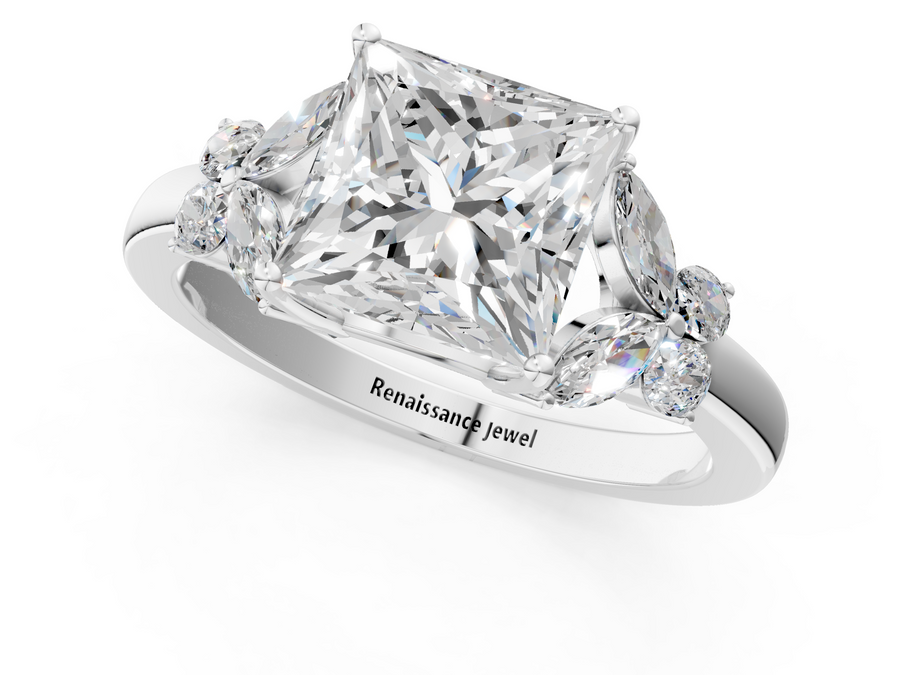 White gold Princess Cut Solitaire Floral Diamond Ring with Four-Prong Setting