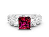 White gold Princess Cut Solitaire Garnet Leaf-Inspired Vine Band Ring with Prong Setting