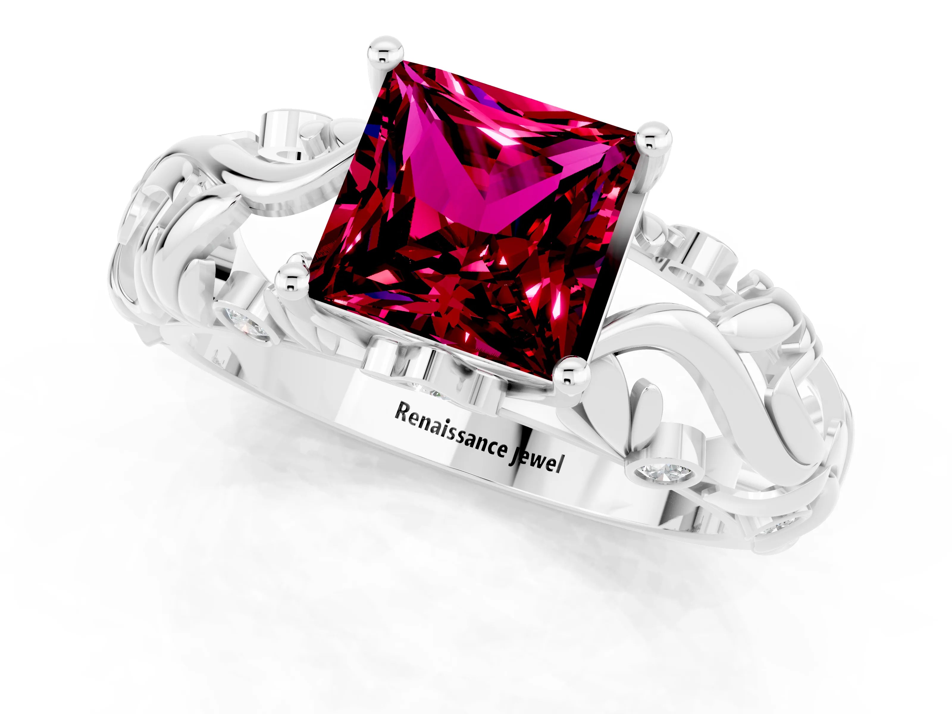 White gold Princess Cut Solitaire Garnet Leaf-Inspired Vine Band Ring with Prong Setting_1