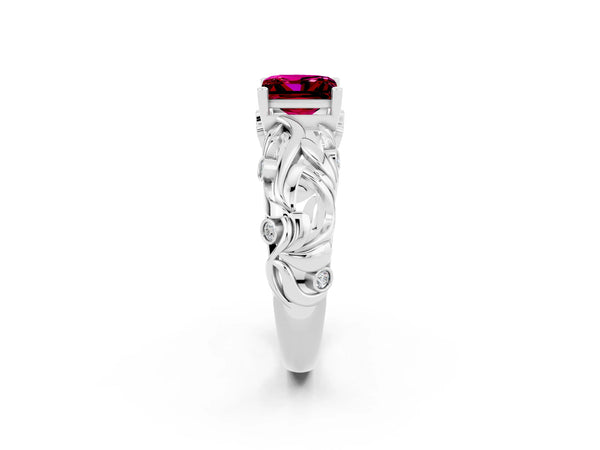 Platinum Princess Cut Solitaire Garnet Leaf-Inspired Vine Band Ring with Prong Setting