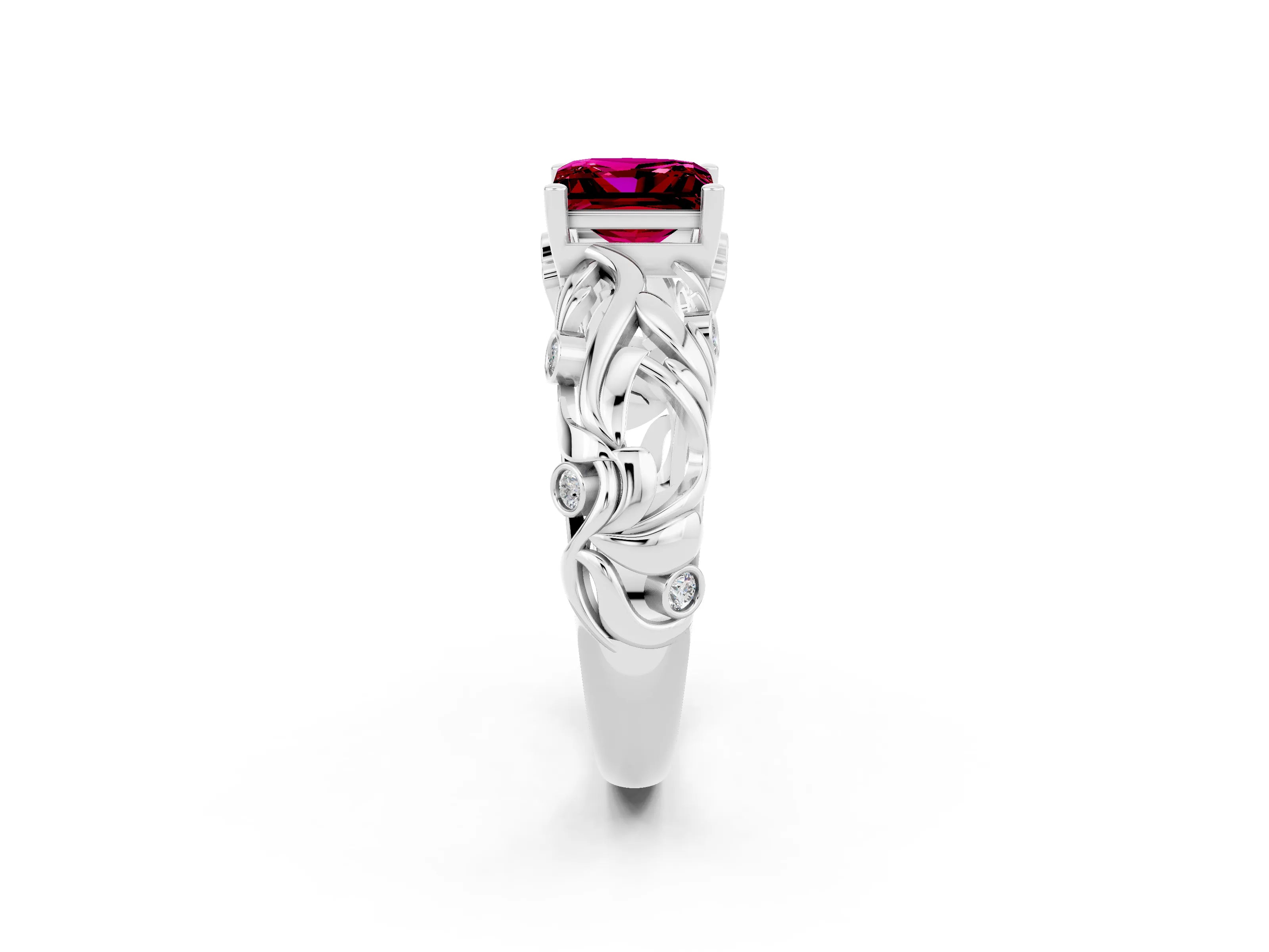 White gold Princess Cut Solitaire Garnet Leaf-Inspired Vine Band Ring with Prong Setting_2