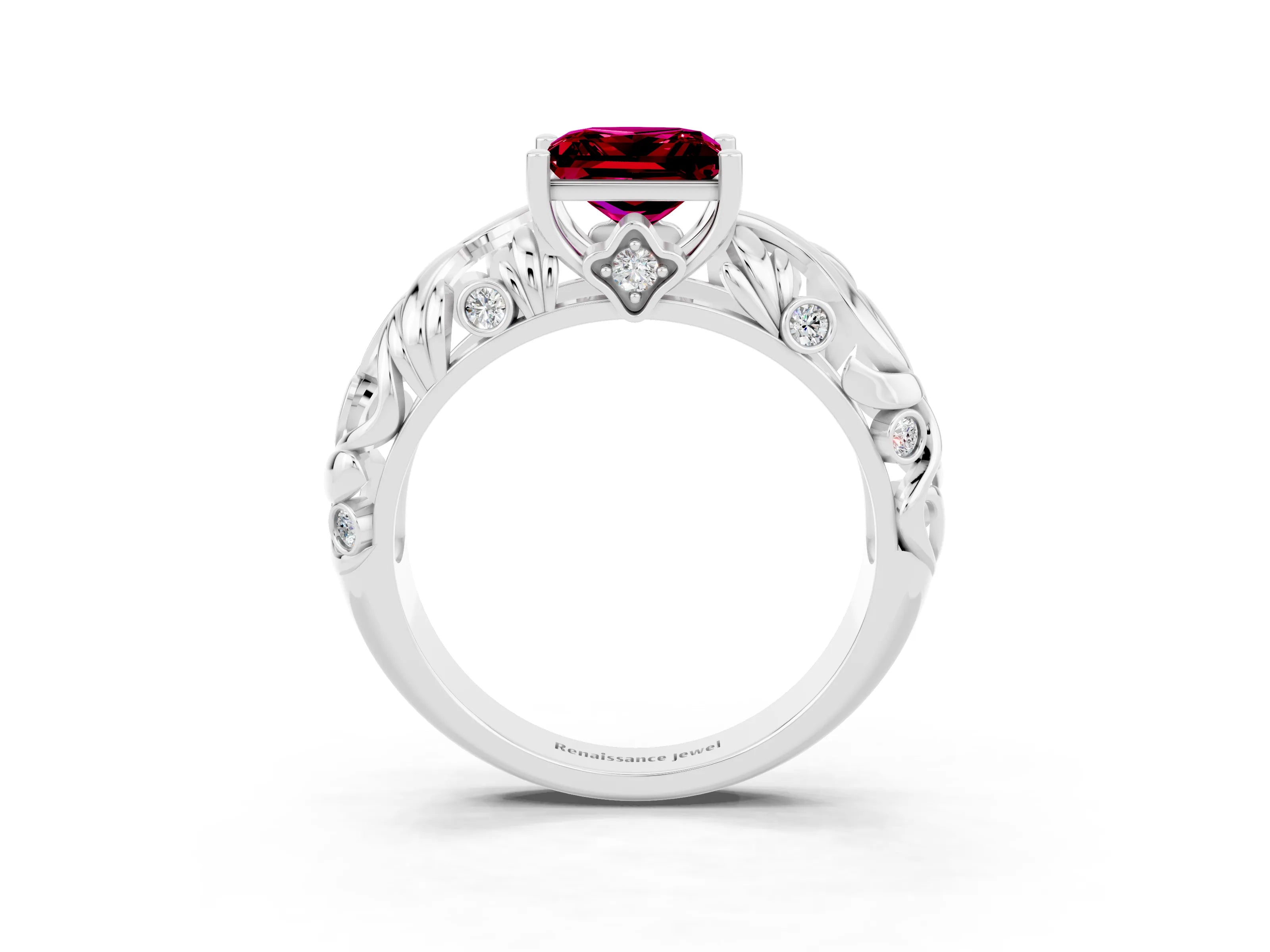 White gold Princess Cut Solitaire Garnet Leaf-Inspired Vine Band Ring with Prong Setting_3