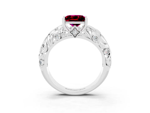 White gold Princess Cut Solitaire Garnet Leaf-Inspired Vine Band Ring with Prong Setting_3