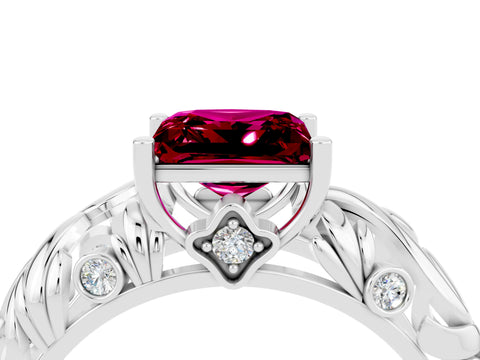 White gold Princess Cut Solitaire Garnet Leaf-Inspired Vine Band Ring with Prong Setting_4