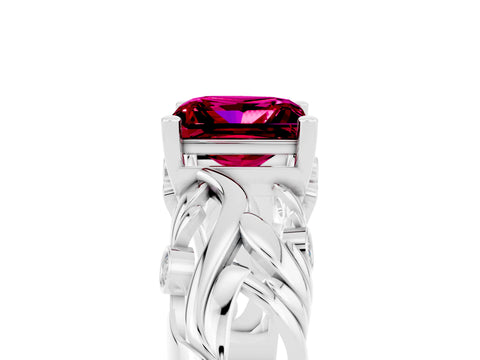 White gold Princess Cut Solitaire Garnet Leaf-Inspired Vine Band Ring with Prong Setting_5