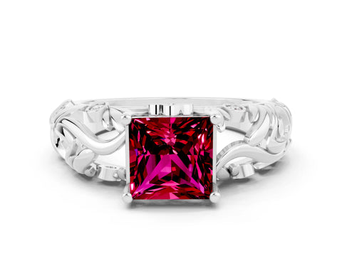 White gold Princess Cut Solitaire Garnet Leaf-Inspired Vine Band Ring with Prong Setting