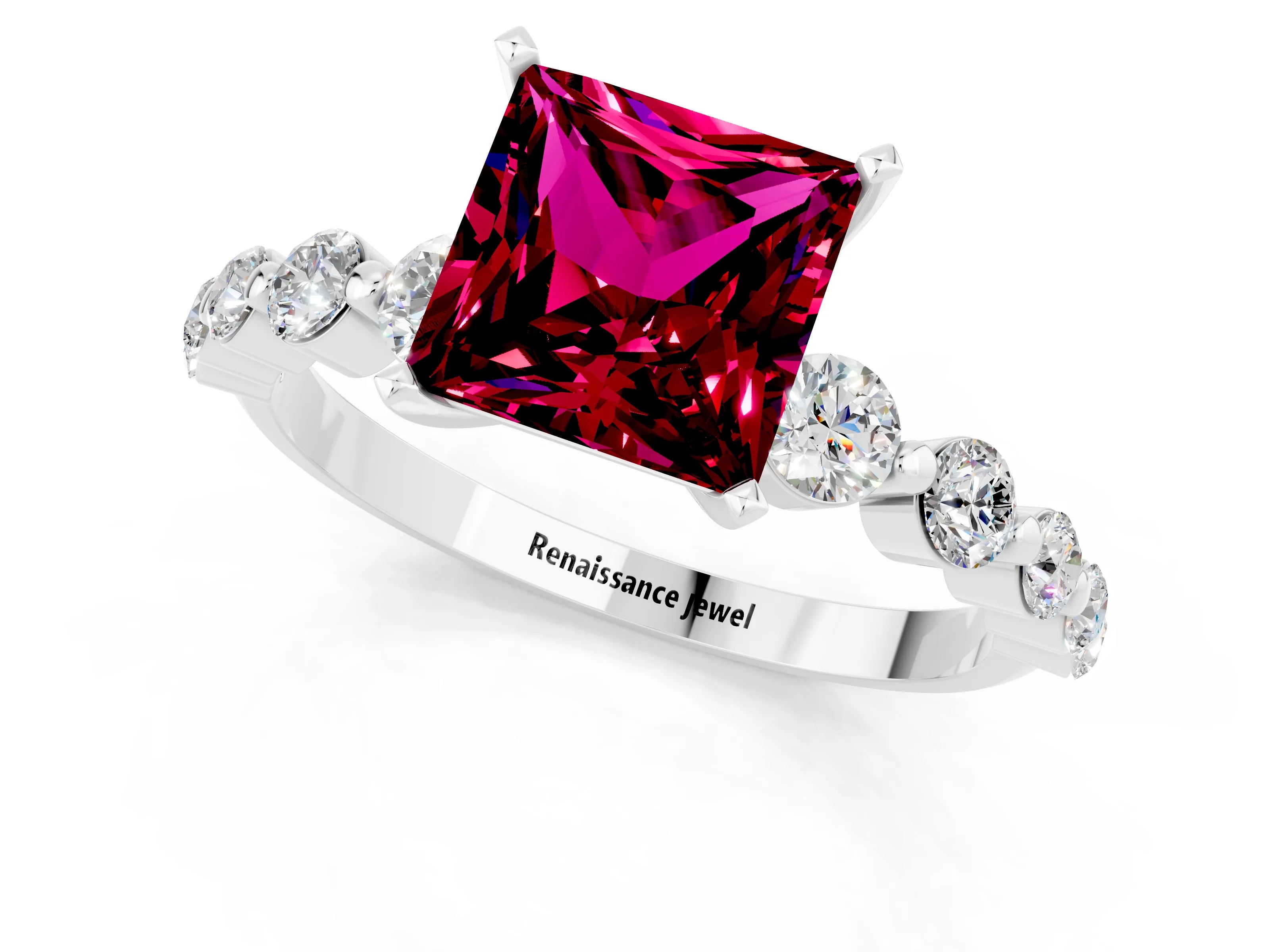 White gold Princess Cut Solitaire Garnet Ring with Pave Band and Four-Prong Setting_1