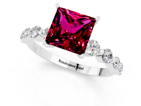 White gold Princess Cut Solitaire Garnet Ring with Pave Band and Four-Prong Setting_1