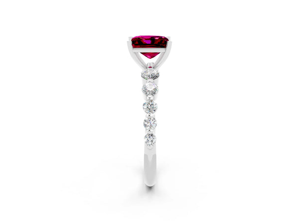 White gold Princess Cut Solitaire Garnet Ring with Pave Band and Four-Prong Setting