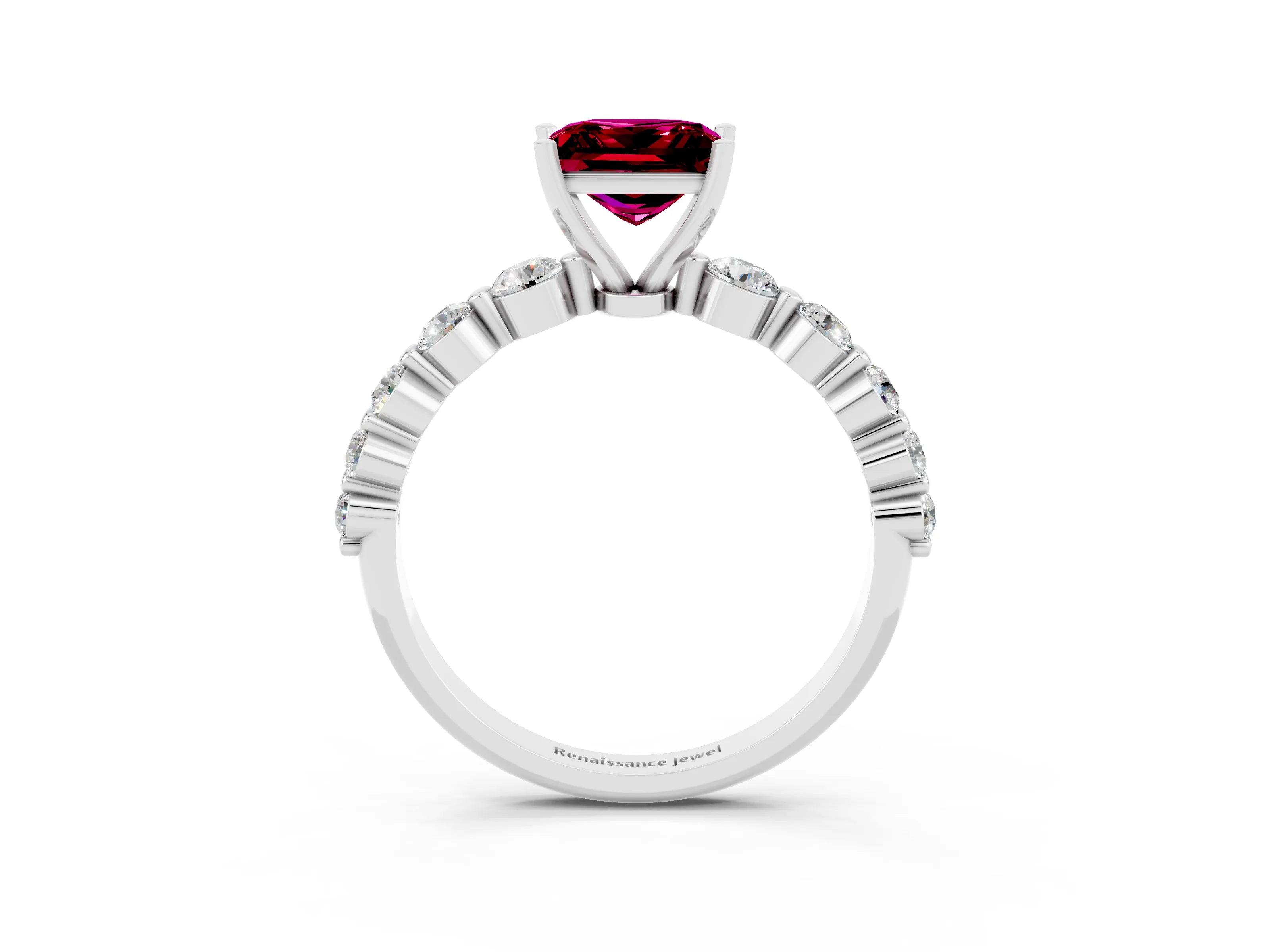 White gold Princess Cut Solitaire Garnet Ring with Pave Band and Four-Prong Setting_3