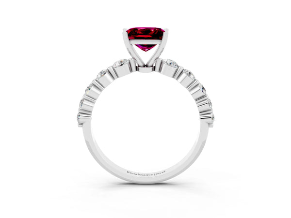 White gold Princess Cut Solitaire Garnet Ring with Pave Band and Four-Prong Setting