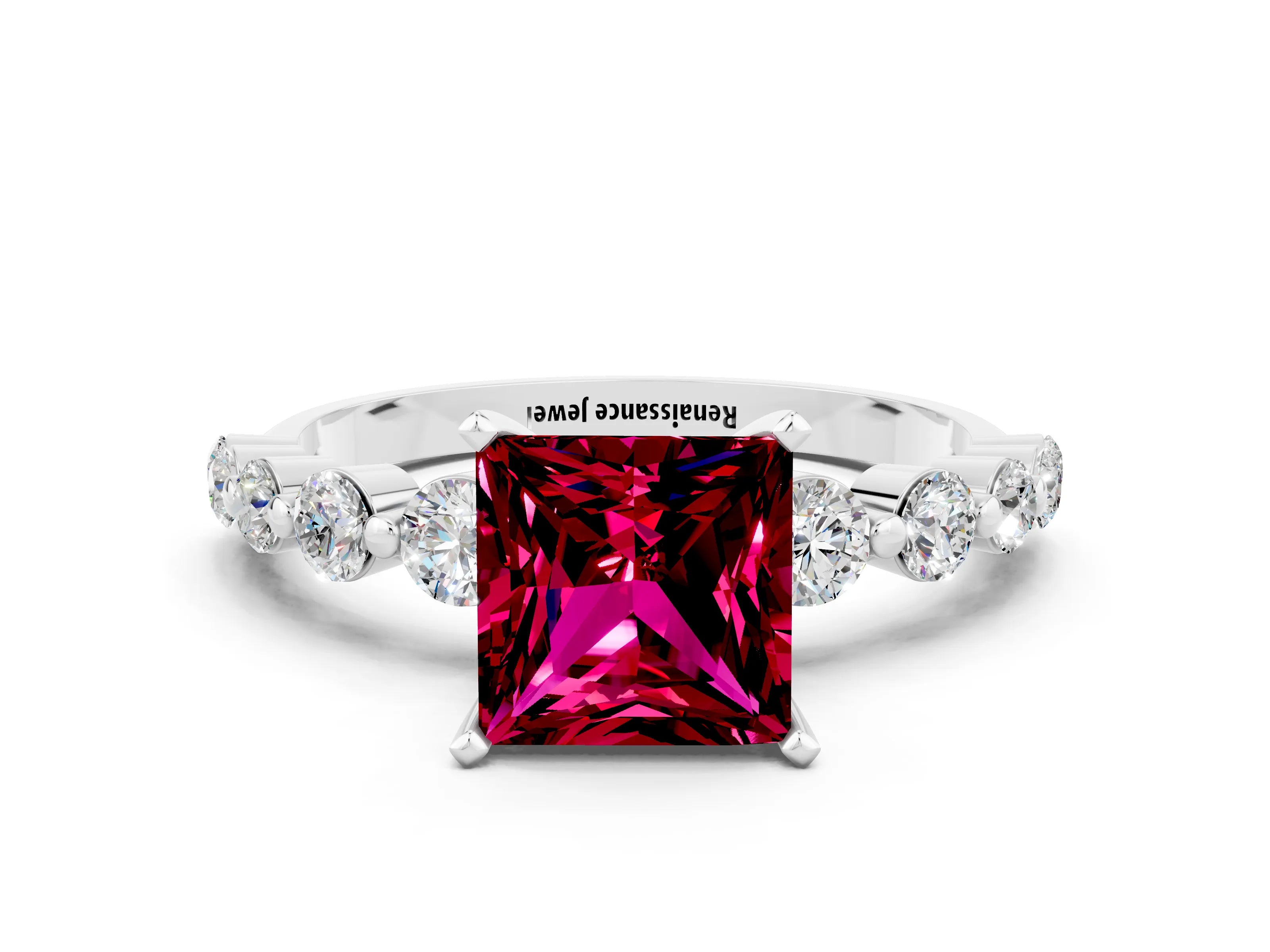 White gold Princess Cut Solitaire Garnet Ring with Pave Band and Four-Prong Setting