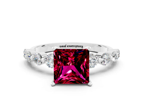 White gold Princess Cut Solitaire Garnet Ring with Pave Band and Four-Prong Setting
