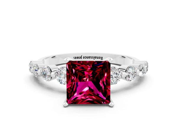 Silver Princess Cut Solitaire Garnet Ring with Pave Band and Four-Prong Setting
