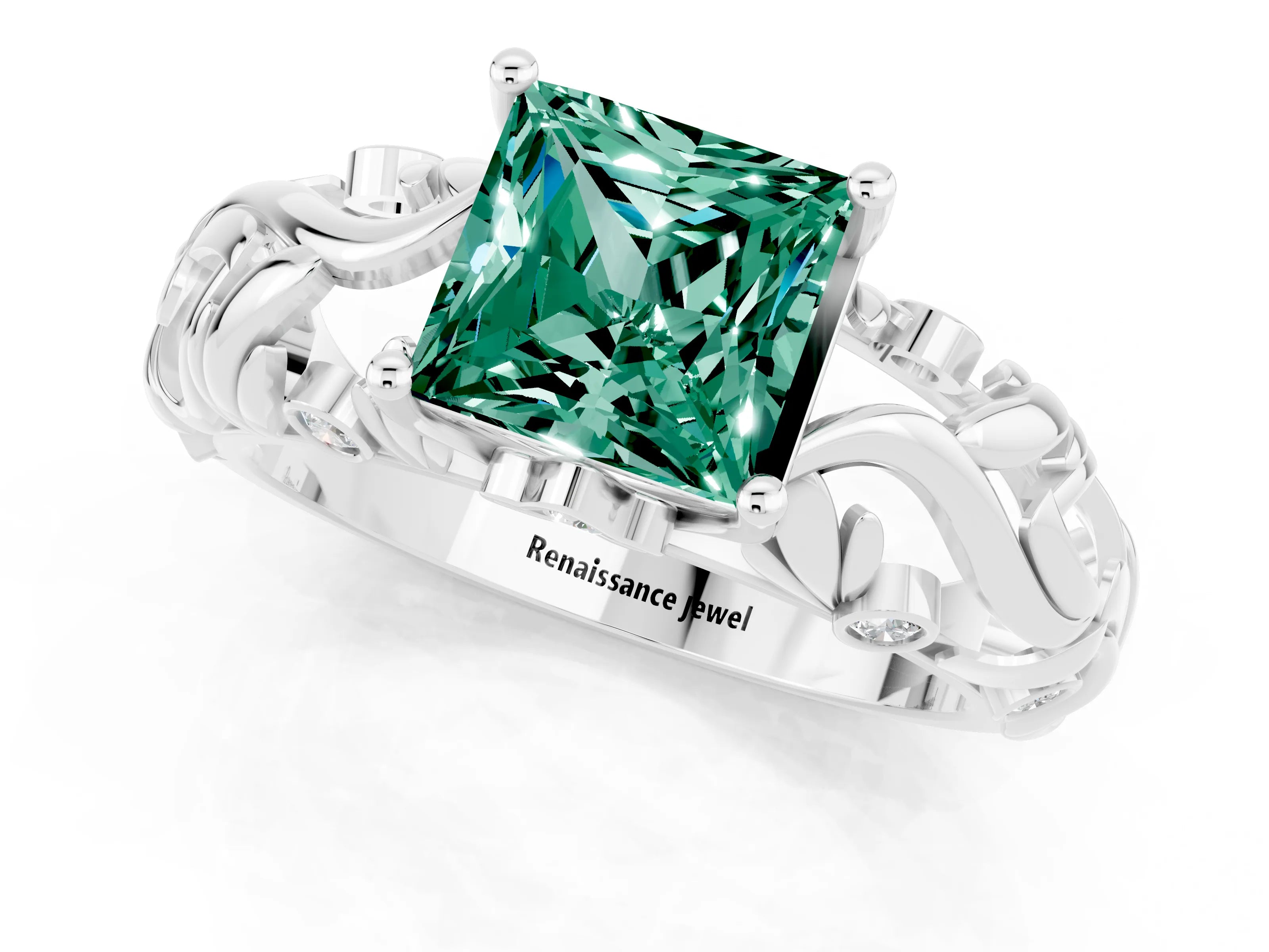 White gold Princess Cut Solitaire Green Sapphire Leaf-Inspired Vine Band Ring with Prong Setting_1