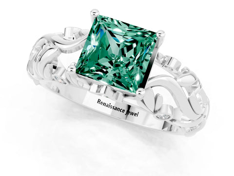 White gold Princess Cut Solitaire Green Sapphire Leaf-Inspired Vine Band Ring with Prong Setting_1