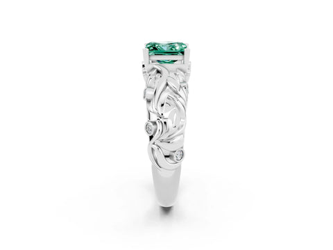 White gold Princess Cut Solitaire Green Sapphire Leaf-Inspired Vine Band Ring with Prong Setting_2