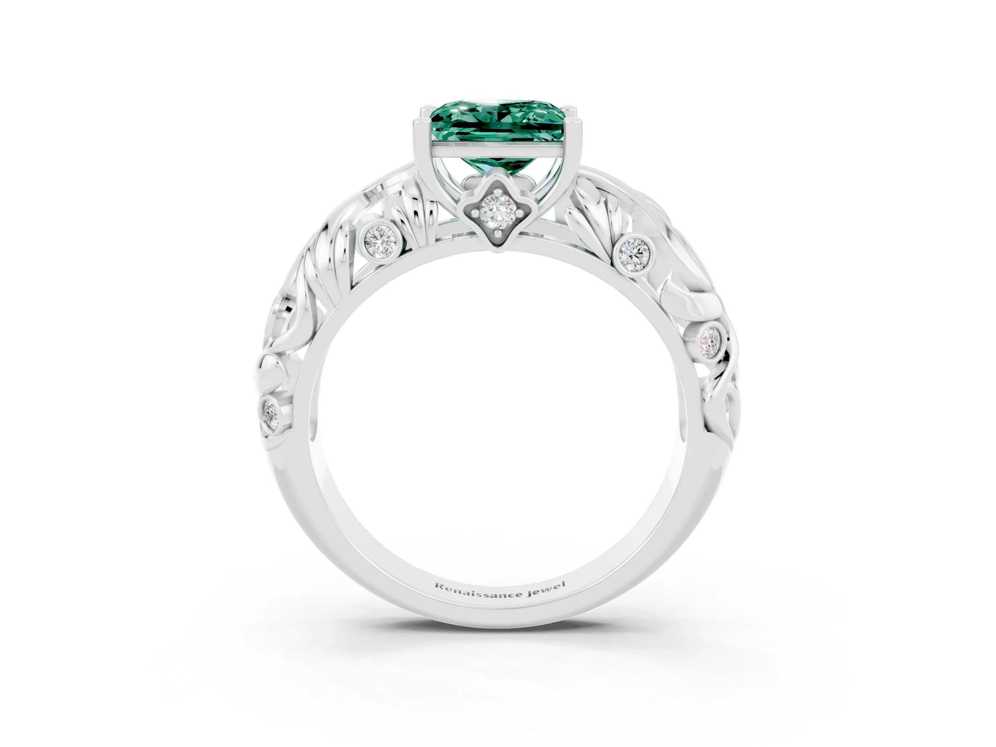 White gold Princess Cut Solitaire Green Sapphire Leaf-Inspired Vine Band Ring with Prong Setting_3