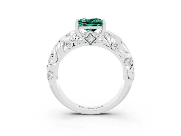 White gold Princess Cut Solitaire Green Sapphire Leaf-Inspired Vine Band Ring with Prong Setting