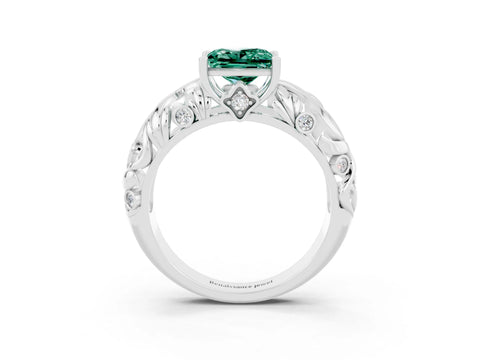 White gold Princess Cut Solitaire Green Sapphire Leaf-Inspired Vine Band Ring with Prong Setting_3