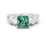 White gold Princess Cut Solitaire Green Sapphire Leaf-Inspired Vine Band Ring with Prong Setting