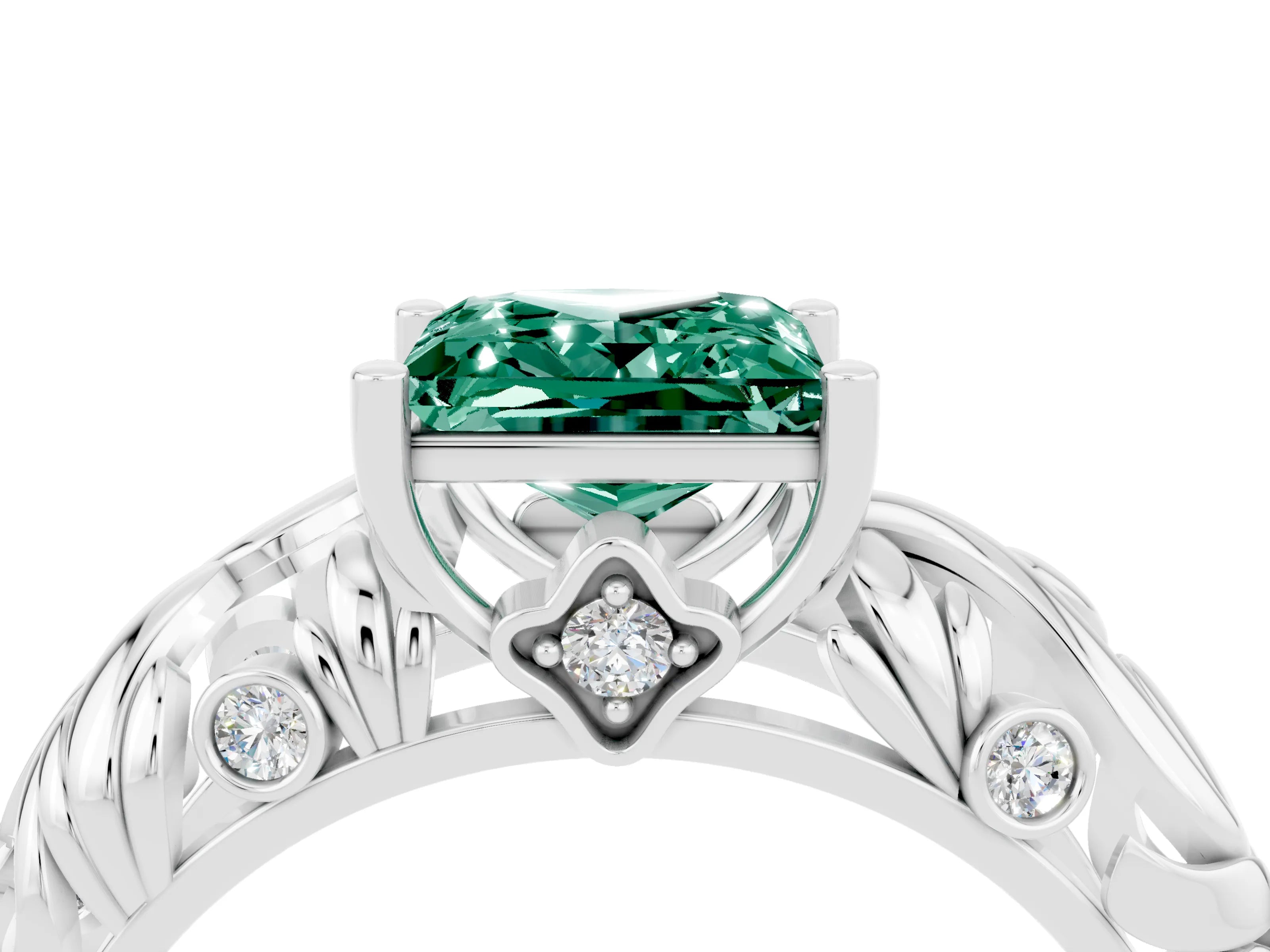 White gold Princess Cut Solitaire Green Sapphire Leaf-Inspired Vine Band Ring with Prong Setting_4