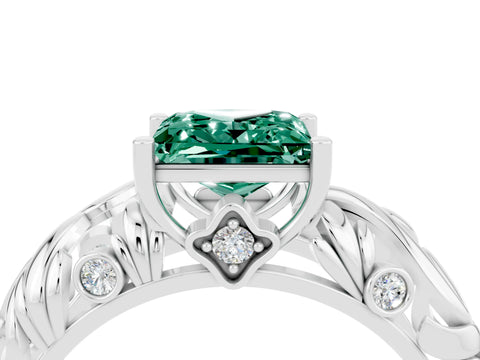 White gold Princess Cut Solitaire Green Sapphire Leaf-Inspired Vine Band Ring with Prong Setting_4