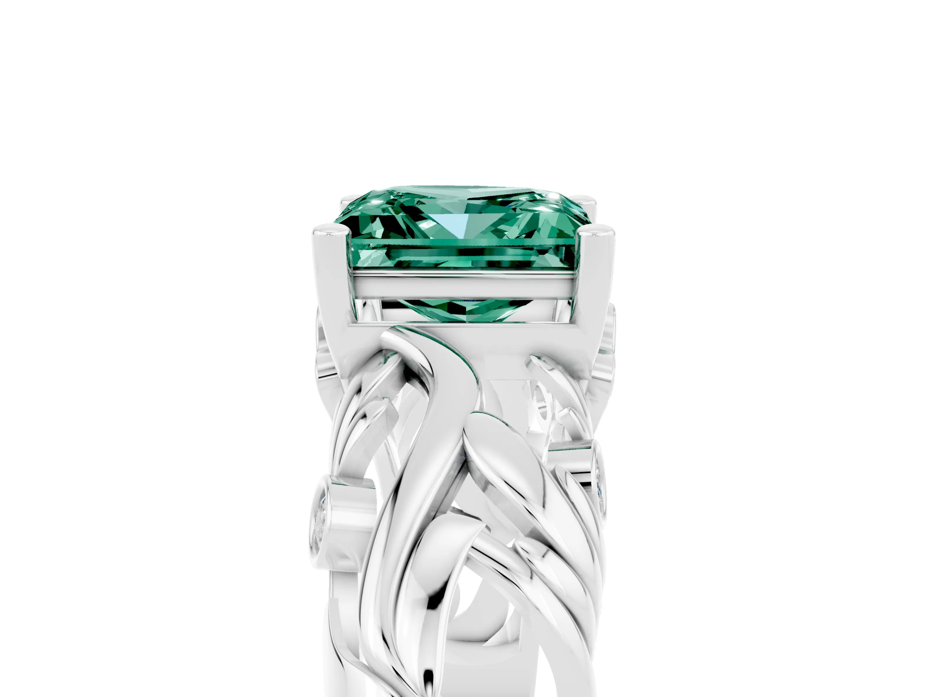 White gold Princess Cut Solitaire Green Sapphire Leaf-Inspired Vine Band Ring with Prong Setting_5