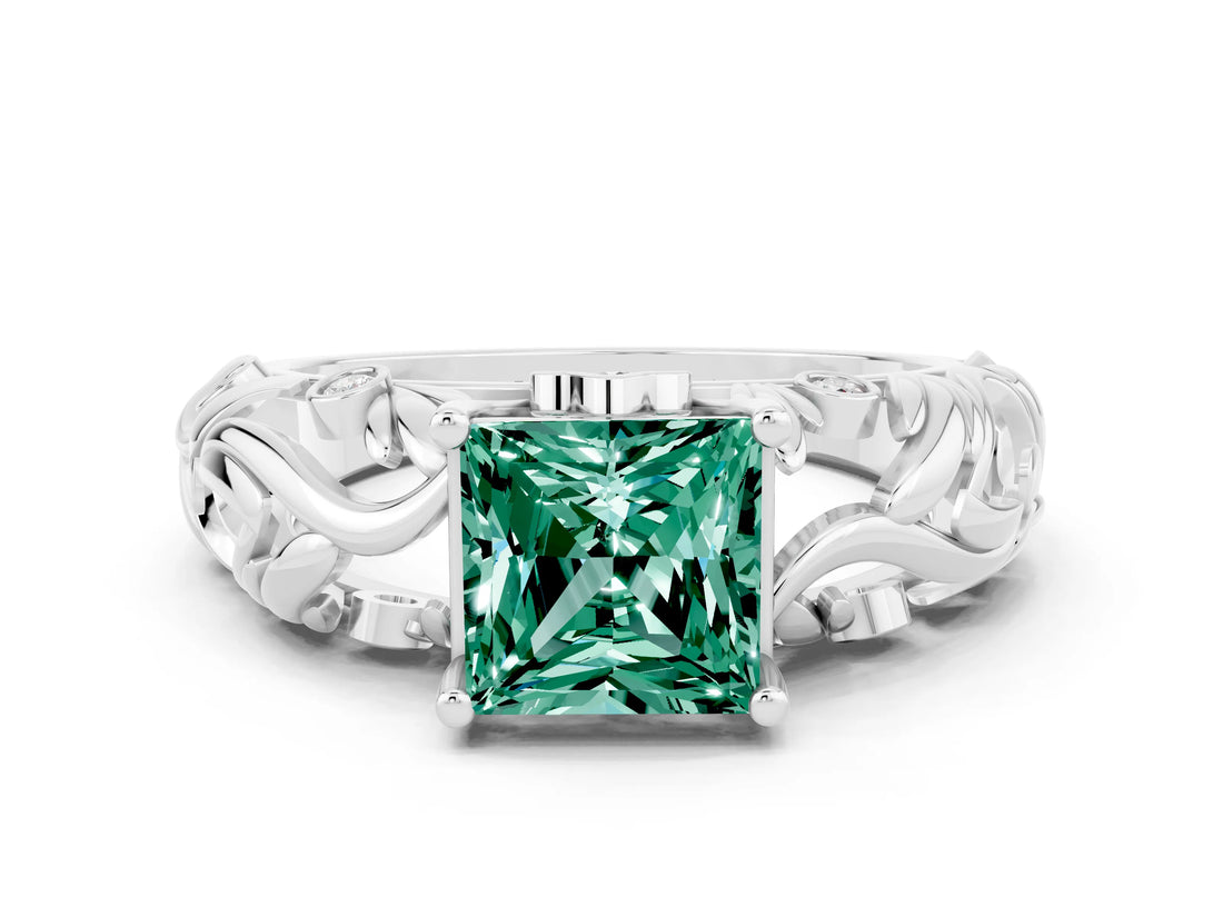 White gold Princess Cut Solitaire Green Sapphire Leaf-Inspired Vine Band Ring with Prong Setting