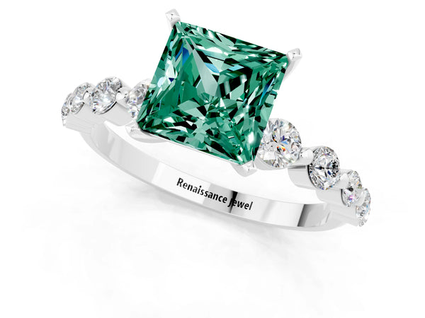 Silver Princess Cut Solitaire Green Sapphire Ring with Pave Band and Four-Prong Setting