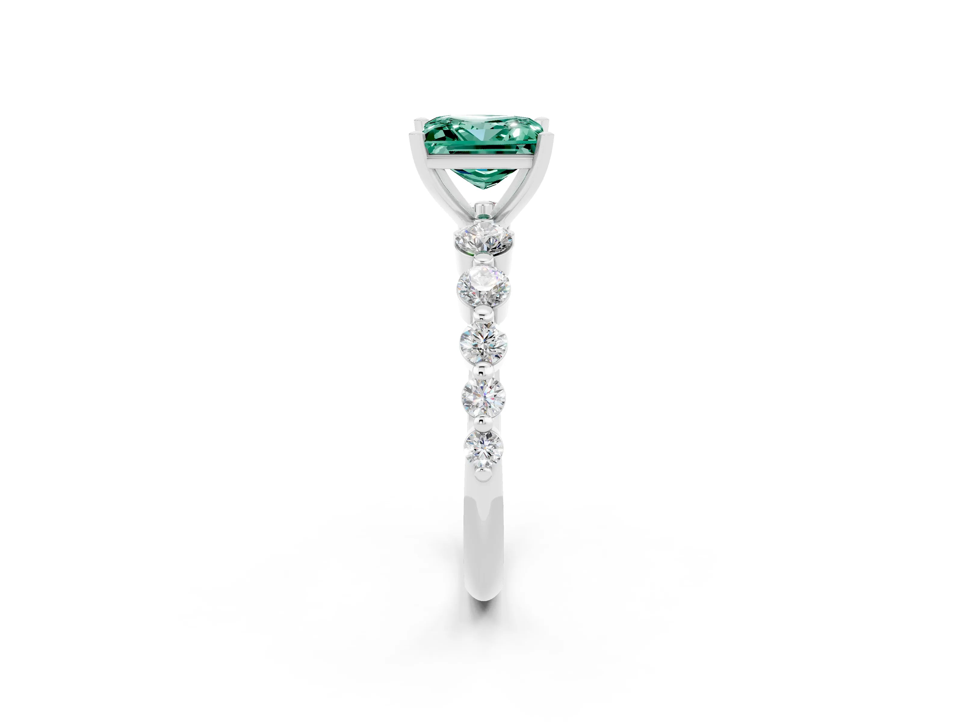 White gold Princess Cut Solitaire Green Sapphire Ring with Pave Band and Four-Prong Setting_2
