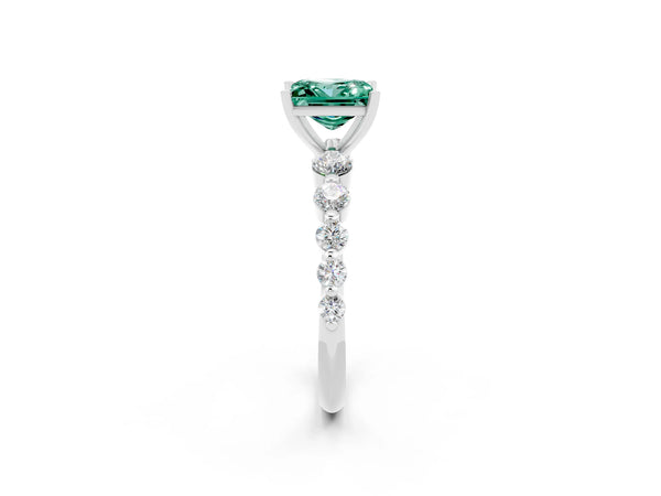White gold Princess Cut Solitaire Green Sapphire Ring with Pave Band and Four-Prong Setting