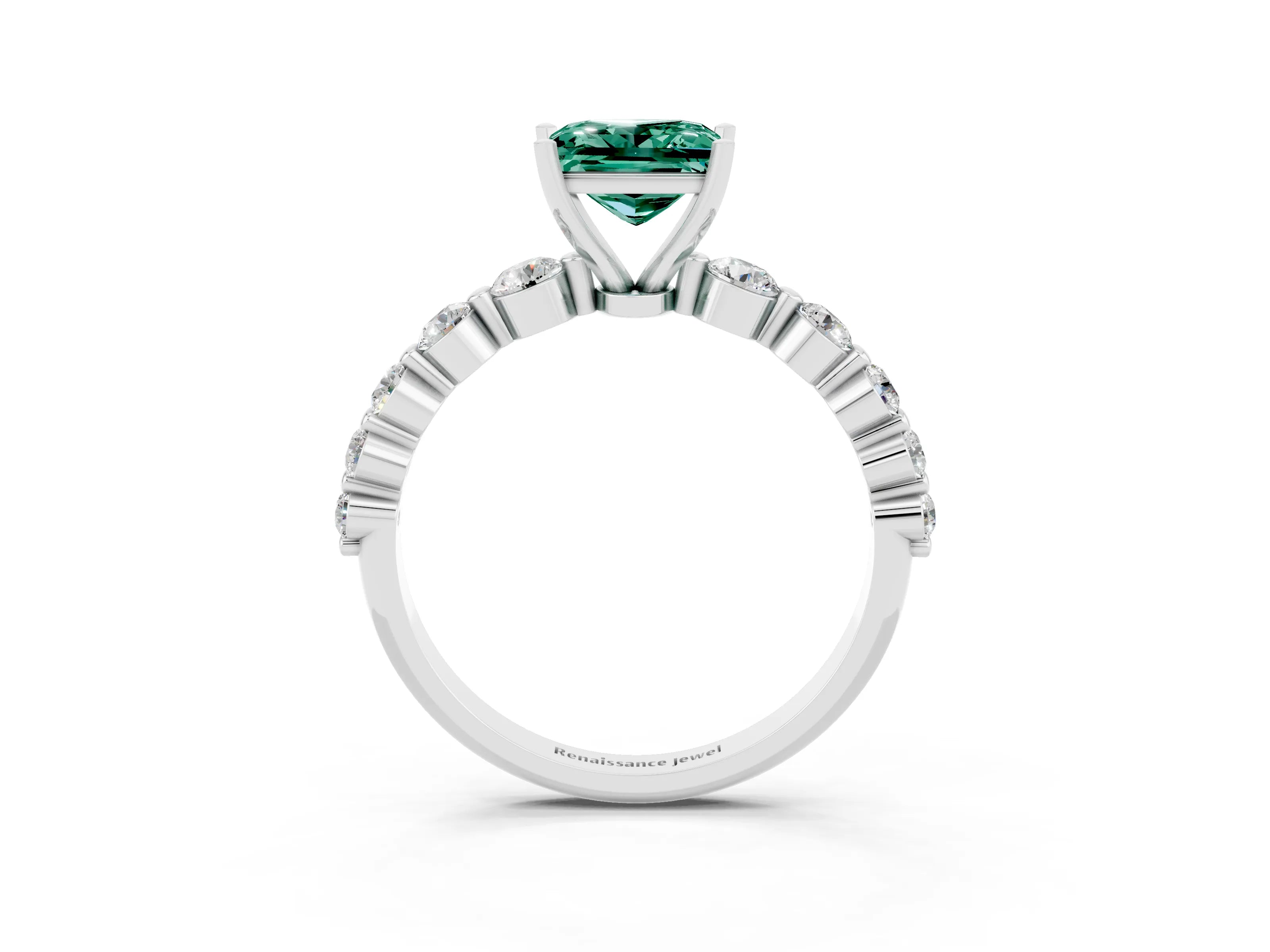White gold Princess Cut Solitaire Green Sapphire Ring with Pave Band and Four-Prong Setting_3