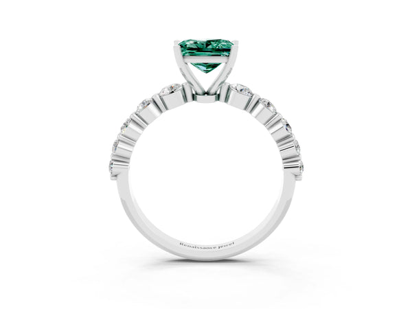 Silver Princess Cut Solitaire Green Sapphire Ring with Pave Band and Four-Prong Setting