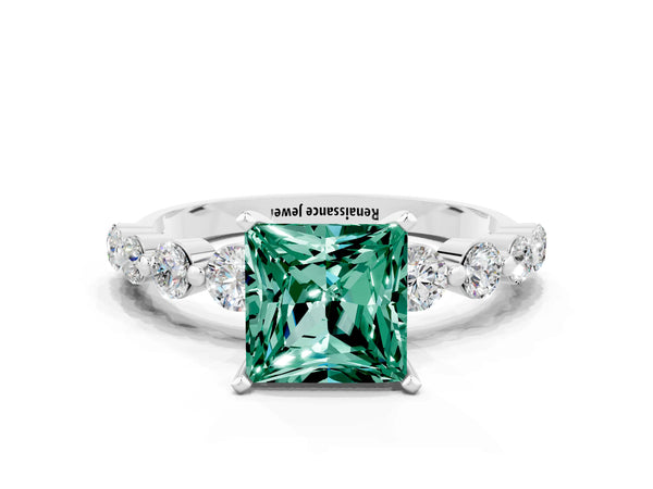 Silver Princess Cut Solitaire Green Sapphire Ring with Pave Band and Four-Prong Setting