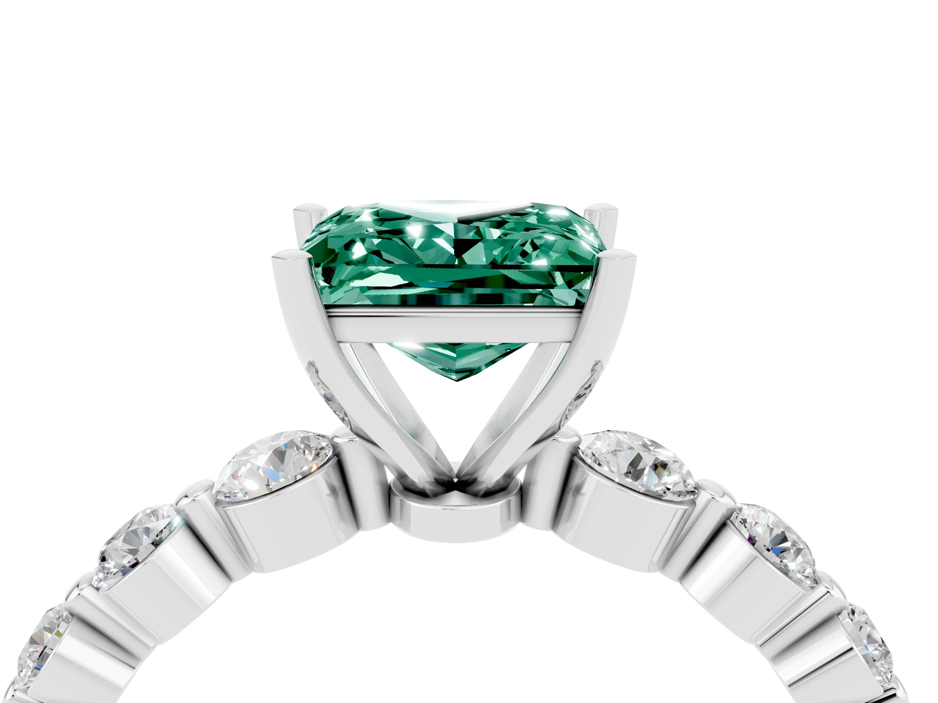 White gold Princess Cut Solitaire Green Sapphire Ring with Pave Band and Four-Prong Setting_4