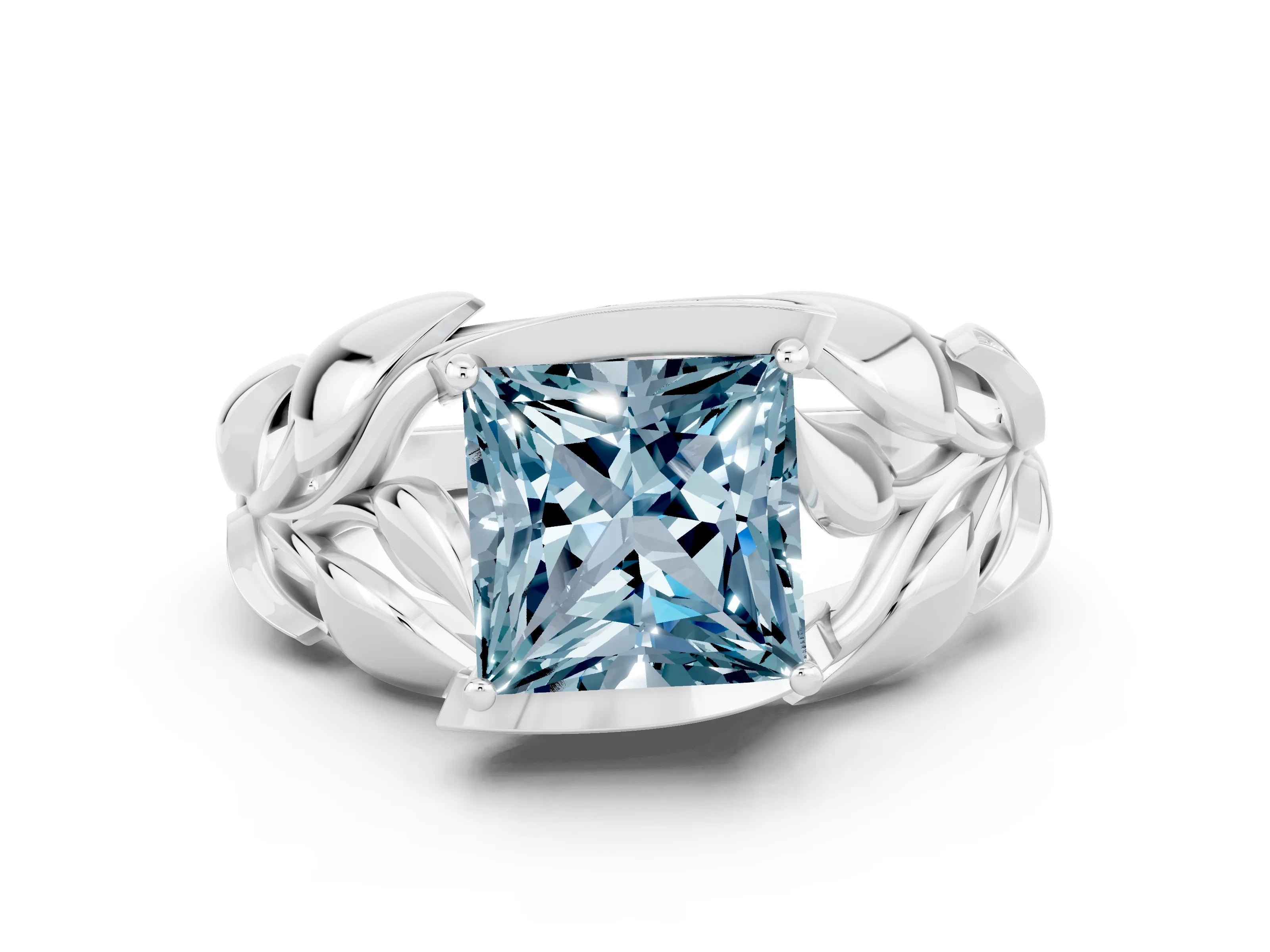 White gold Princess Cut Solitaire Leaf-Inspired Engagement Ring with Prong Setting