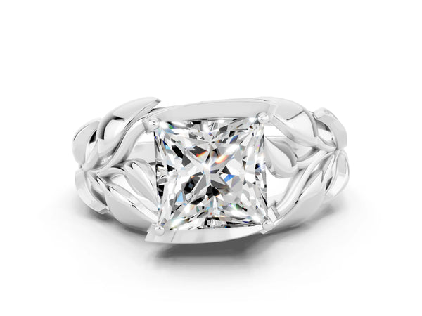 Silver Princess Cut Moissanite Leaf-Inspired Engagement Ring with Round Accents and Prong Setting