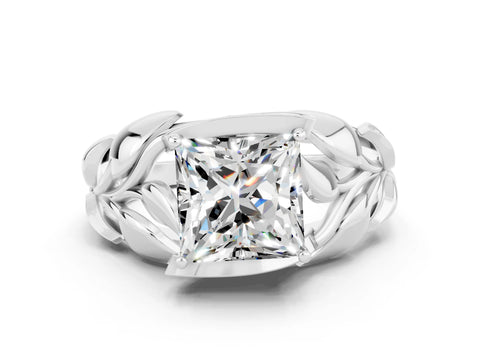 White gold Princess Cut Solitaire Leaf-Inspired Engagement Ring with Prong Setting