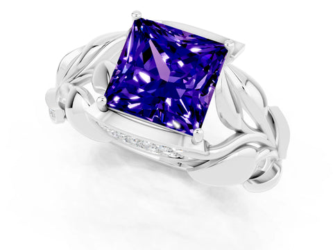White gold Princess Cut Solitaire Leaf-Inspired Engagement Ring with Prong Setting_1