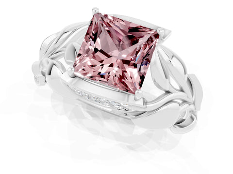 White gold Princess Cut Solitaire Leaf-Inspired Engagement Ring with Prong Setting_1