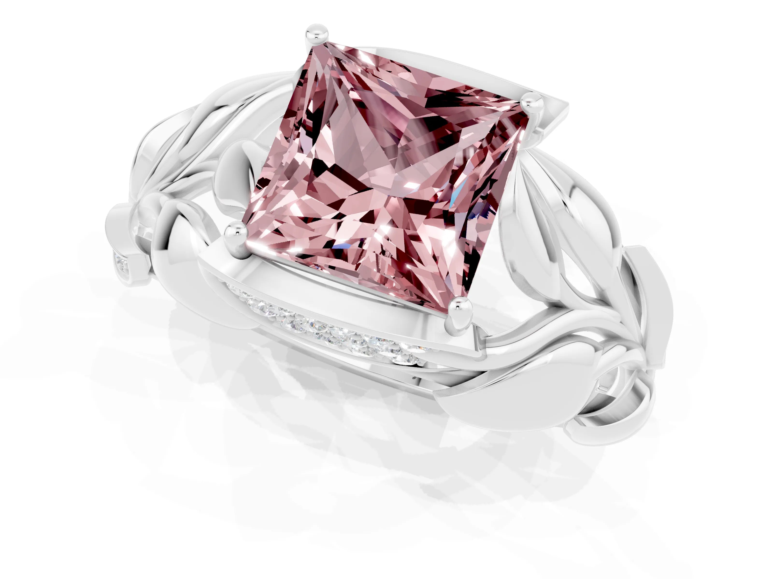 White gold Princess Cut Solitaire Leaf-Inspired Engagement Ring with Prong Setting_1