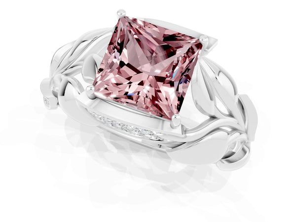 White gold Princess Cut Solitaire Leaf-Inspired Engagement Ring with Prong Setting
