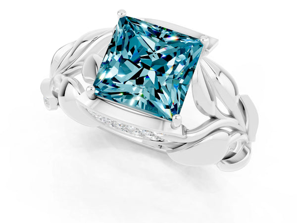 Platinum Princess Cut Solitaire Leaf-Inspired Engagement Ring with Prong Setting
