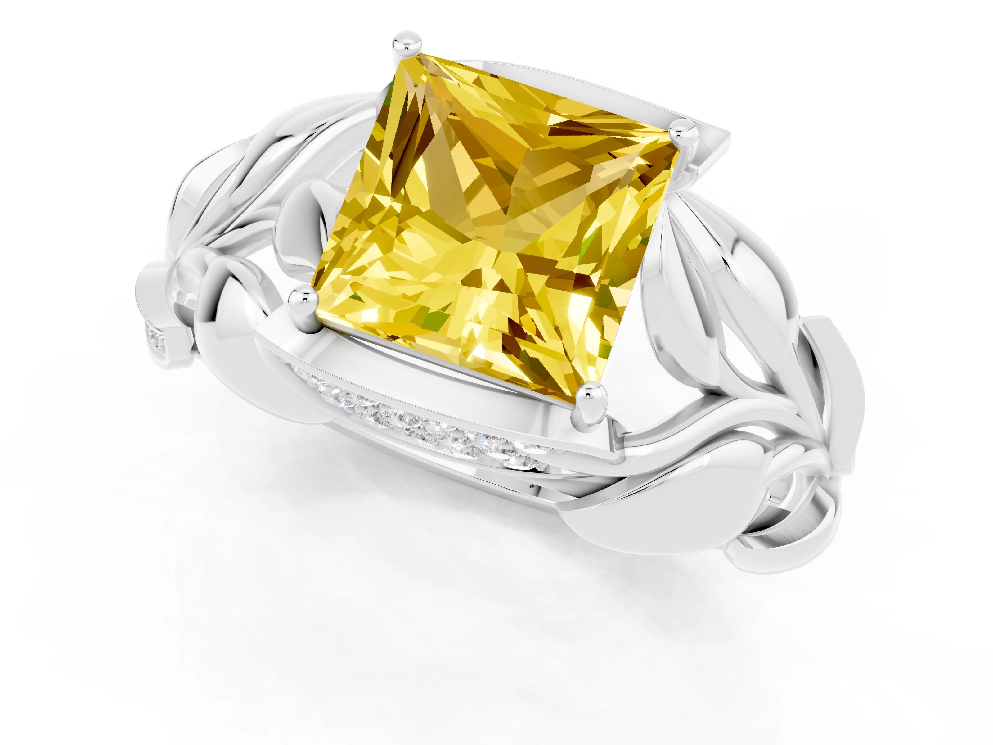 White gold Princess Cut Solitaire Leaf-Inspired Engagement Ring with Prong Setting_1