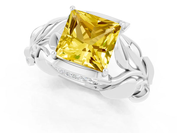 Platinum Princess Cut Yellow Sapphire Leaf-Inspired Engagement Ring with Round Accents and Prong Setting