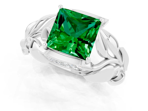 White gold Princess Cut Emerald Leaf-Inspired Engagement Ring with Round Accents and Prong Setting