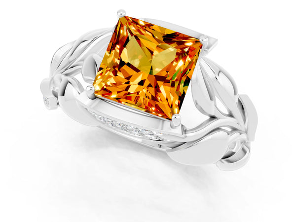 Platinum Princess Cut Citrine Leaf-Inspired Engagement Ring with Round Accents and Prong Setting